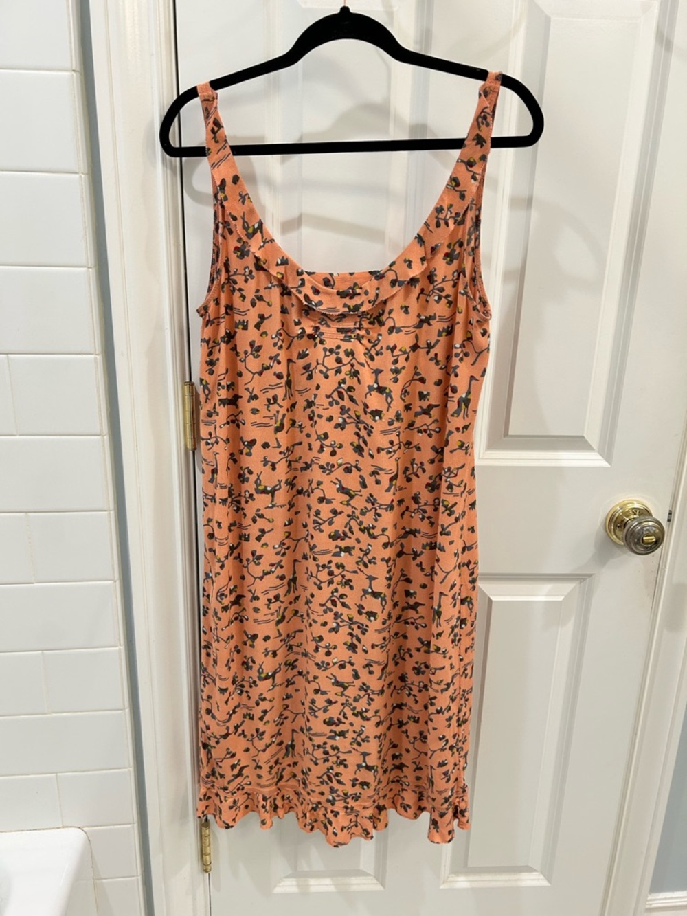 Sold Anthropologie Floreat Peach Pink Bird Floral Slip Dress Ruffle Hem Cutout - Picture 5 of 13